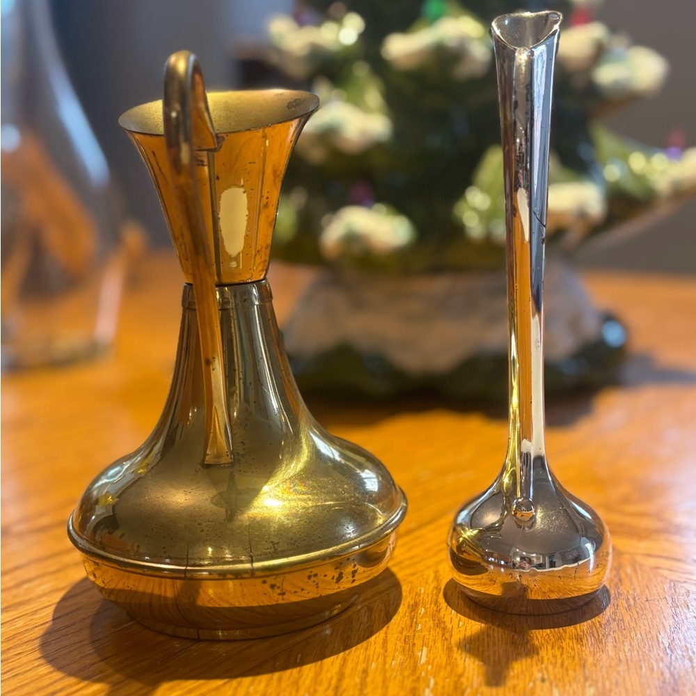 Married Set of 2 Gold- and Silver-Tone Pitcher-Style Metal Vases - Picture 7 of 12